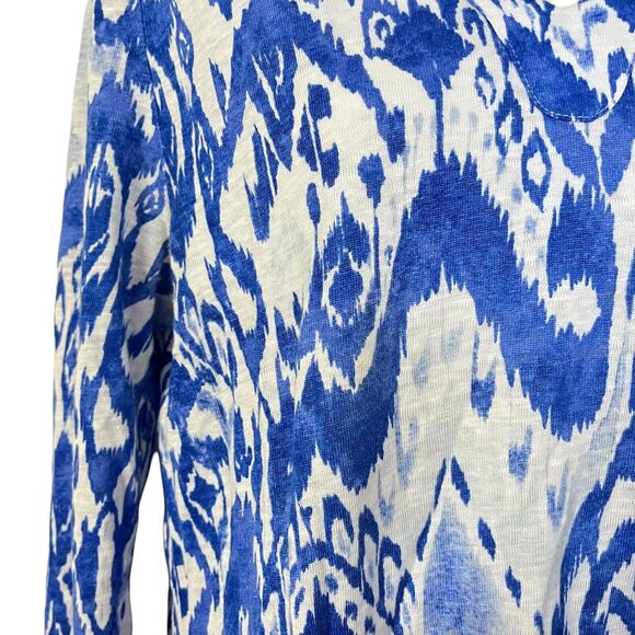 Chicos Womens Ikat Split V Neck 100% Linen Blue Knit Top Long Sleeve White 1/ M - Picture 6 of 16